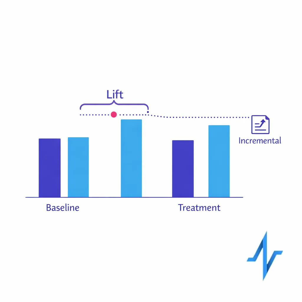Two bar groups compare baseline and treatment outcomes to show incremental lift without overstated ROI claims.