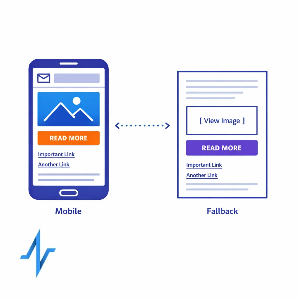 A phone screen and simplified email layout show resilient design for narrow screens and image-blocked environments.