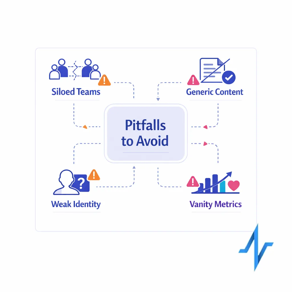 Warning icons mark siloed teams, generic content, weak identity, and vanity metrics in a clean caution layout.