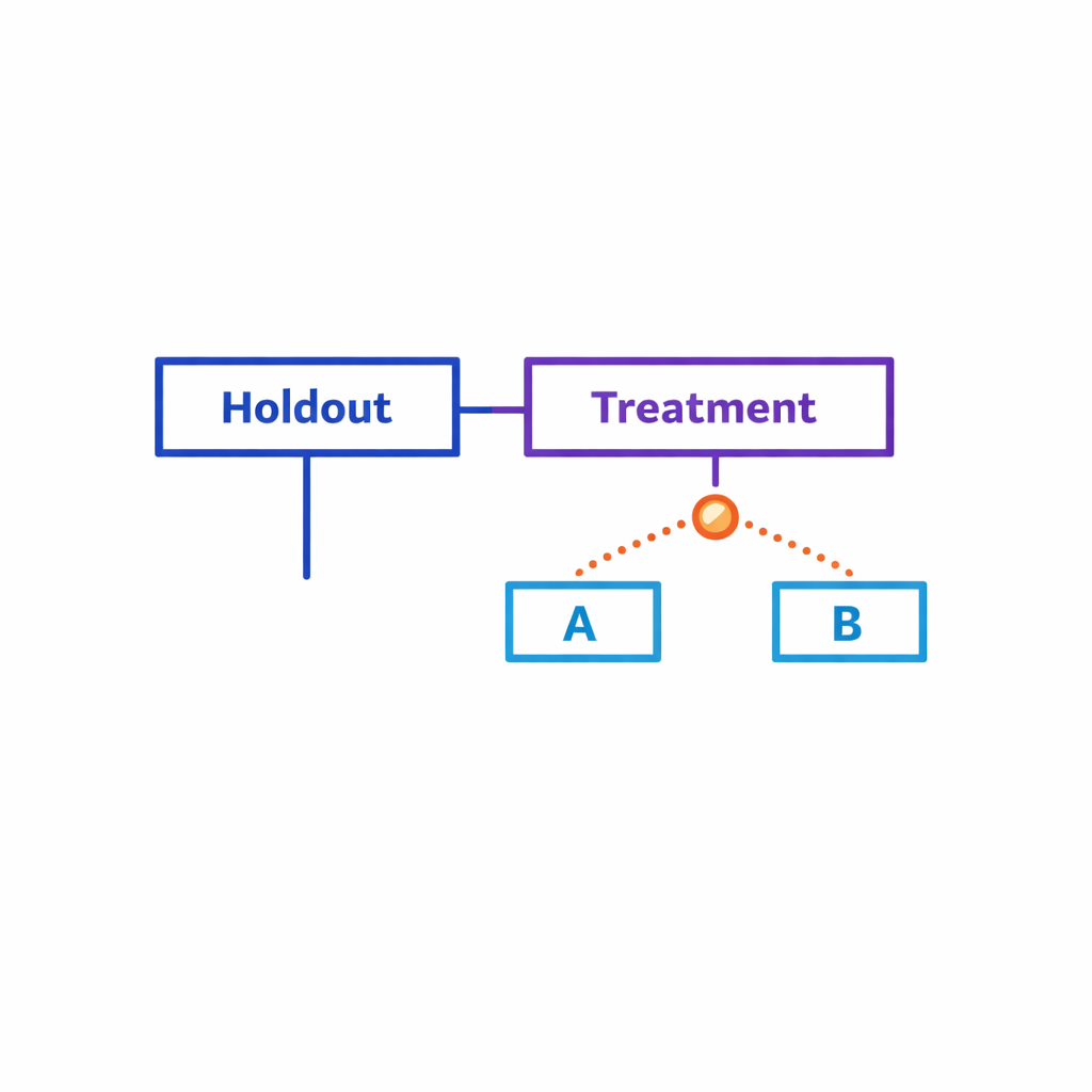 A two-layer diagram shows holdout at orchestration level and A B testing within the treatment arm.