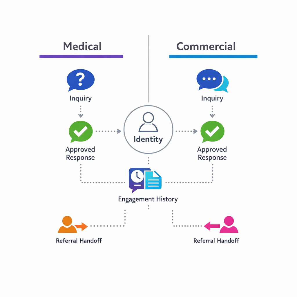 Shared identity and clean boundaries connect medical and commercial workflows without overlap.