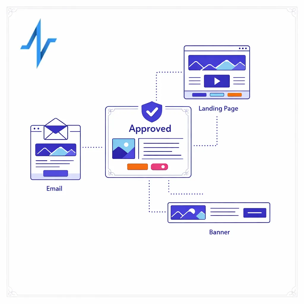 Approved content blocks snap into multiple channel assets while maintaining consistent compliant structure.