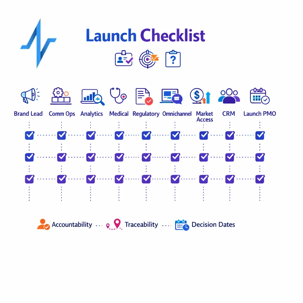 An owner-based checklist assigns launch tasks to brand, ops, analytics, and regulatory partners.