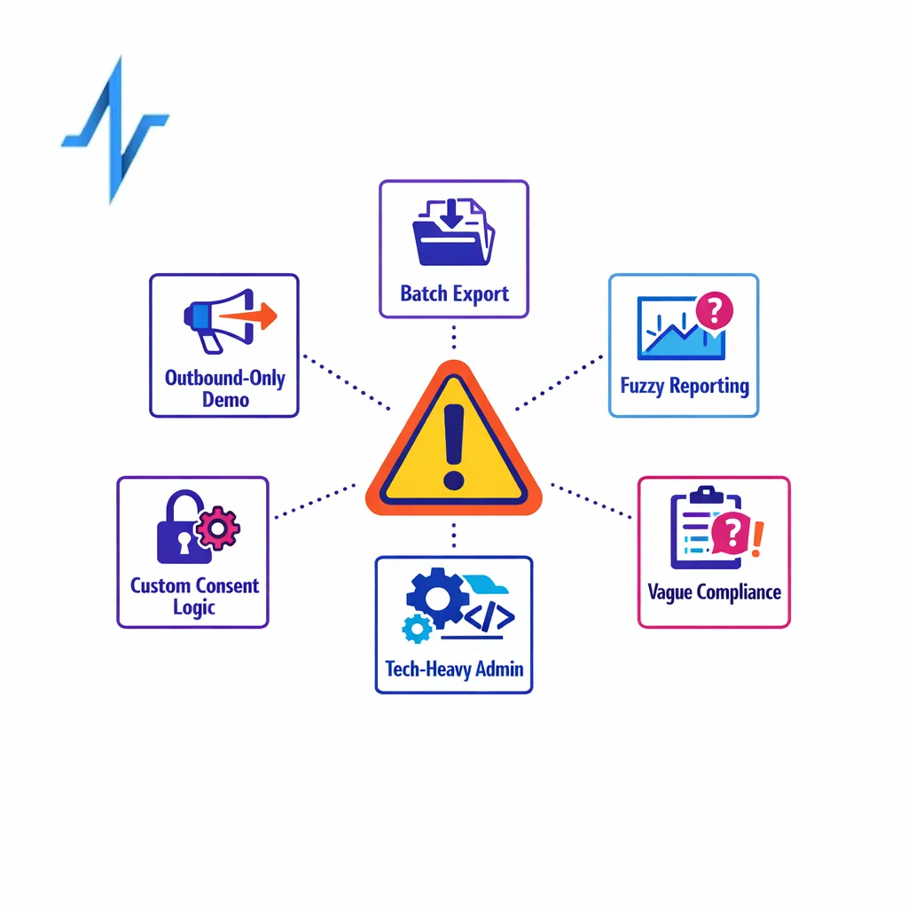 Warning markers call out weak replies handling, thin integrations, vague reporting, and technical admin burden.