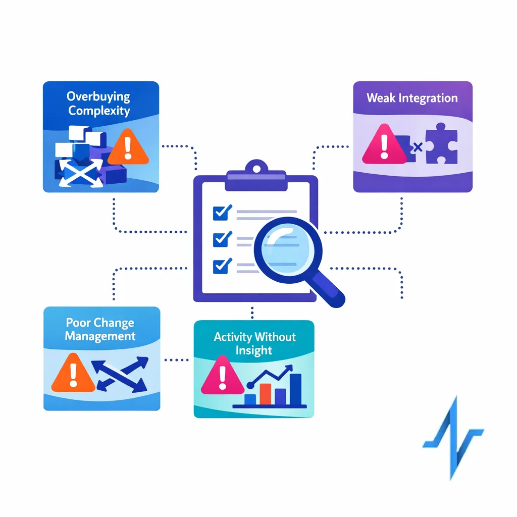 Common platform selection pitfalls appear as warning cards around a central checklist and magnifier.