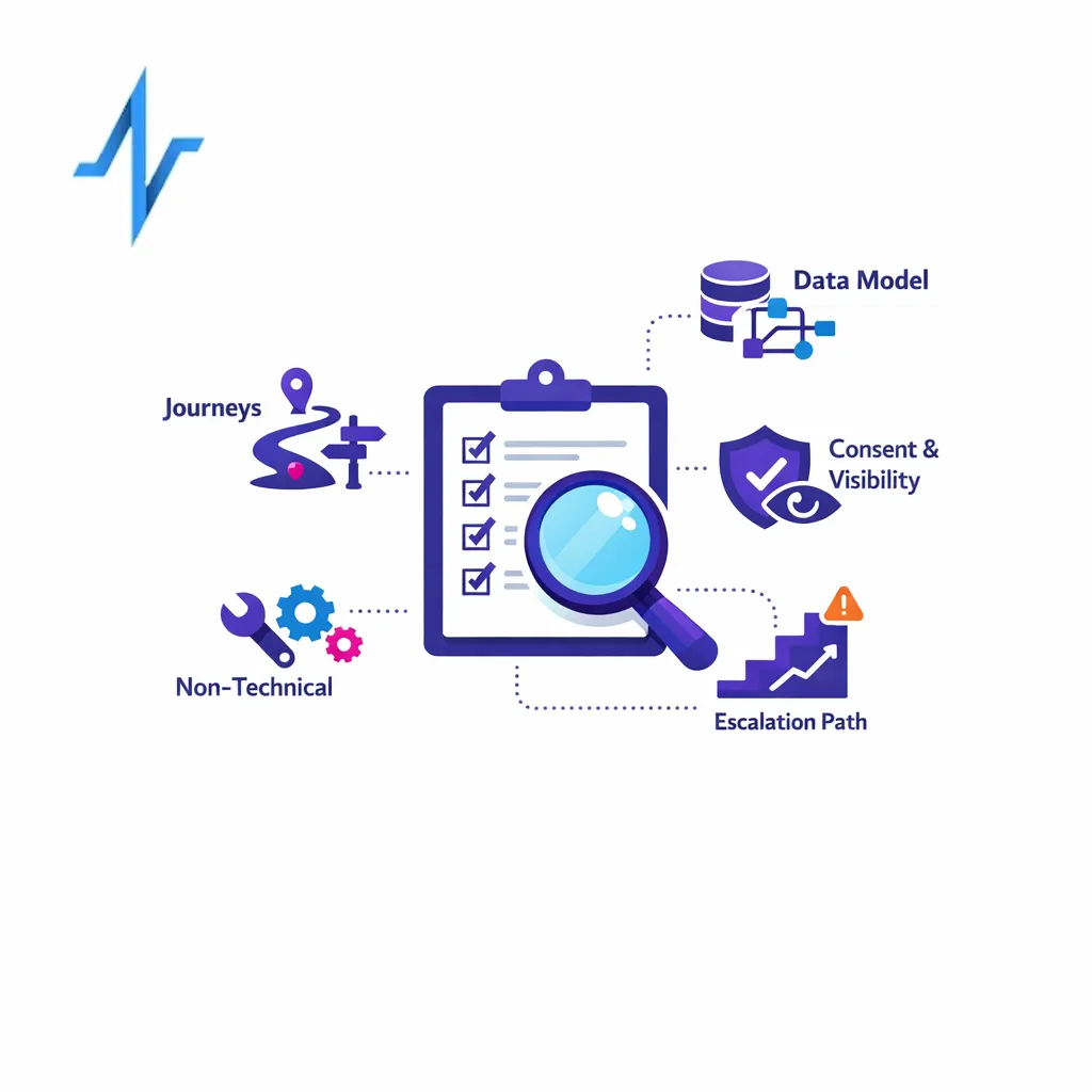 A concise checklist and magnifier illustrate vendor evaluation criteria for CRM fit in life sciences.