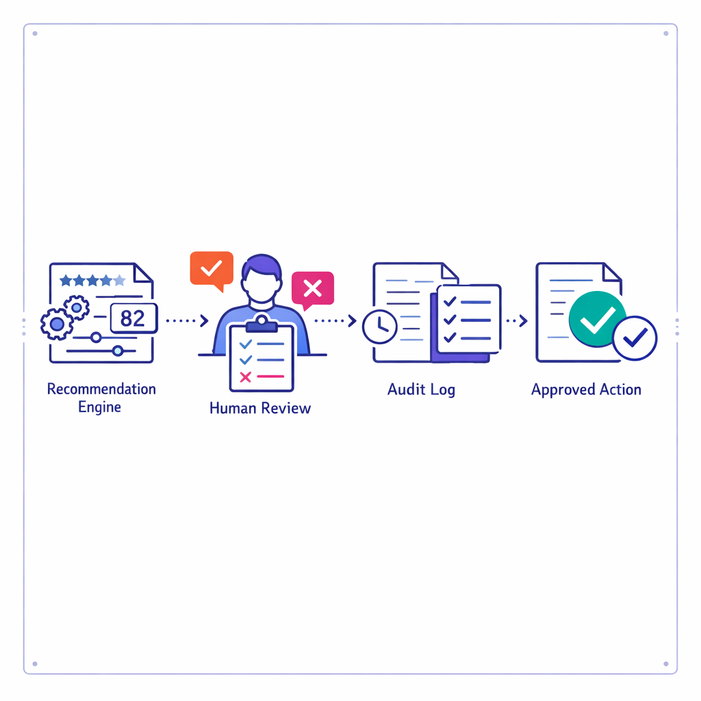 An automated recommendation flows into human review and a documented audit trail before execution.
