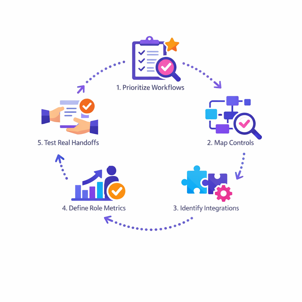 A step-by-step checklist prioritizes workflows, controls, integrations, metrics, and real handoff demos.
