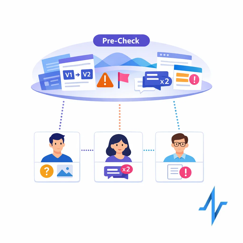 An AI pre-check scans drafts for missing references and duplicate comments before human review.