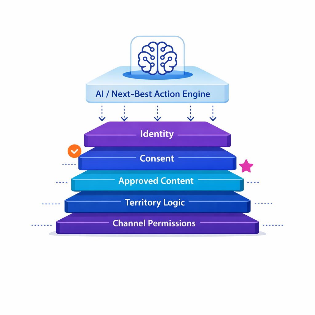 An AI recommendation engine is shown resting on identity, consent, content, and territory foundations.