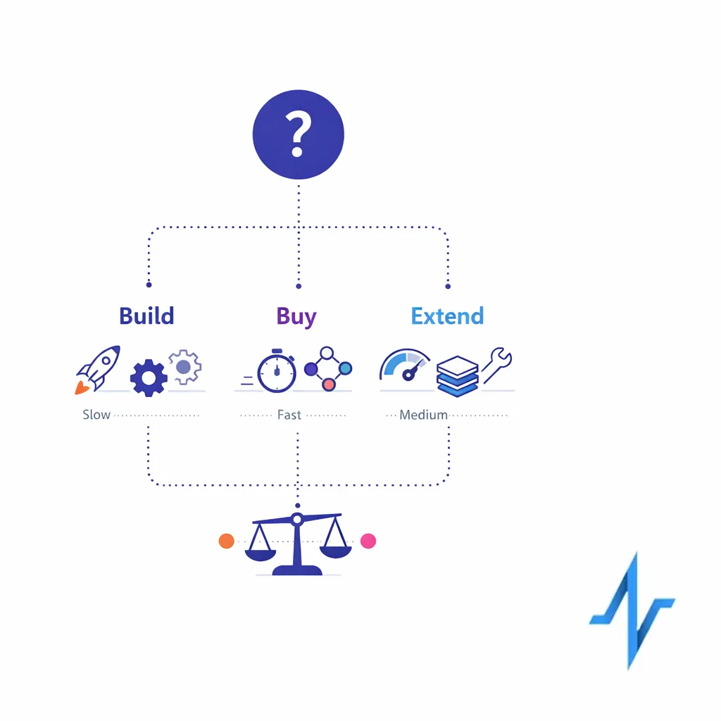 A centered decision tree compares building, buying, or extending tools based on complexity and launch needs.