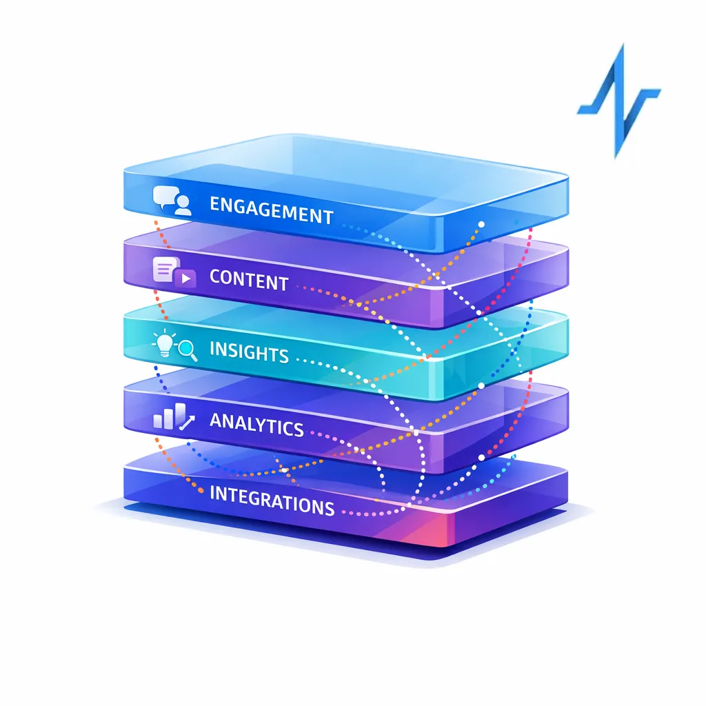 A layered system shows engagement, content, insights, analytics, and integrations working as one operating layer.