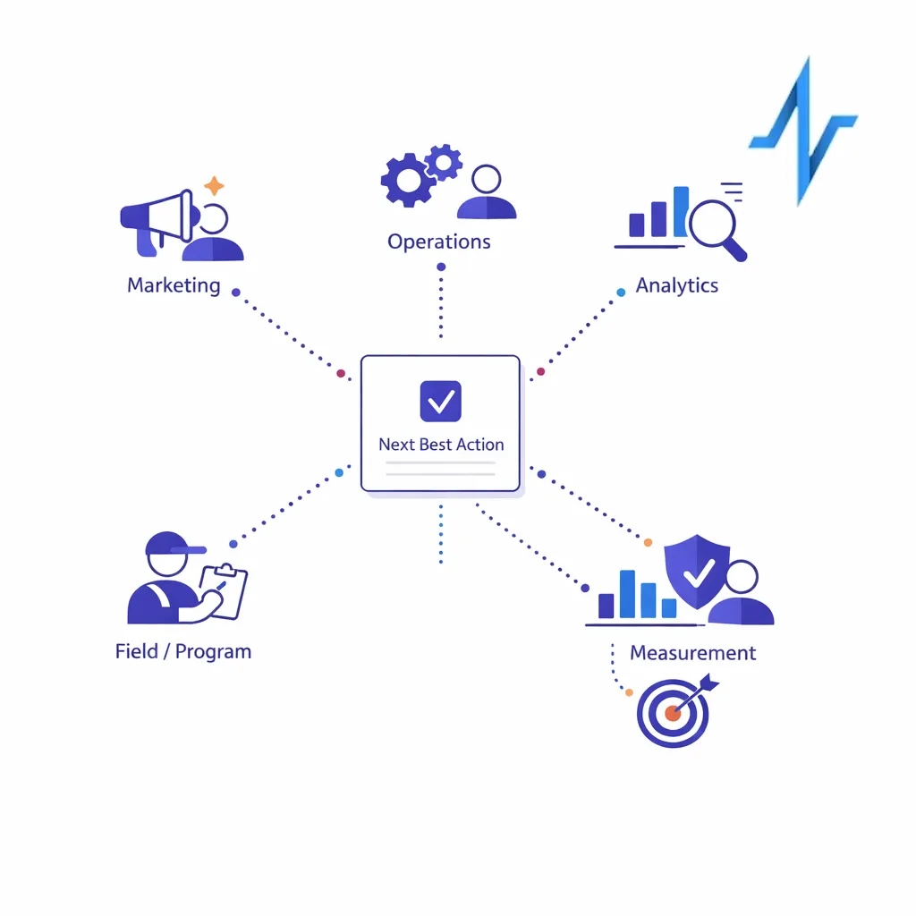 Marketing, ops, analytics, compliance, and field teams connect around one shared action workflow.
