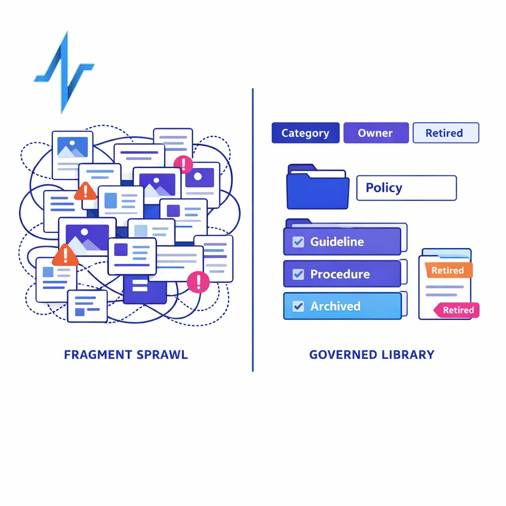 A cluttered cloud of look-alike fragments contrasts with a tidy governed library using naming and retirement rules.