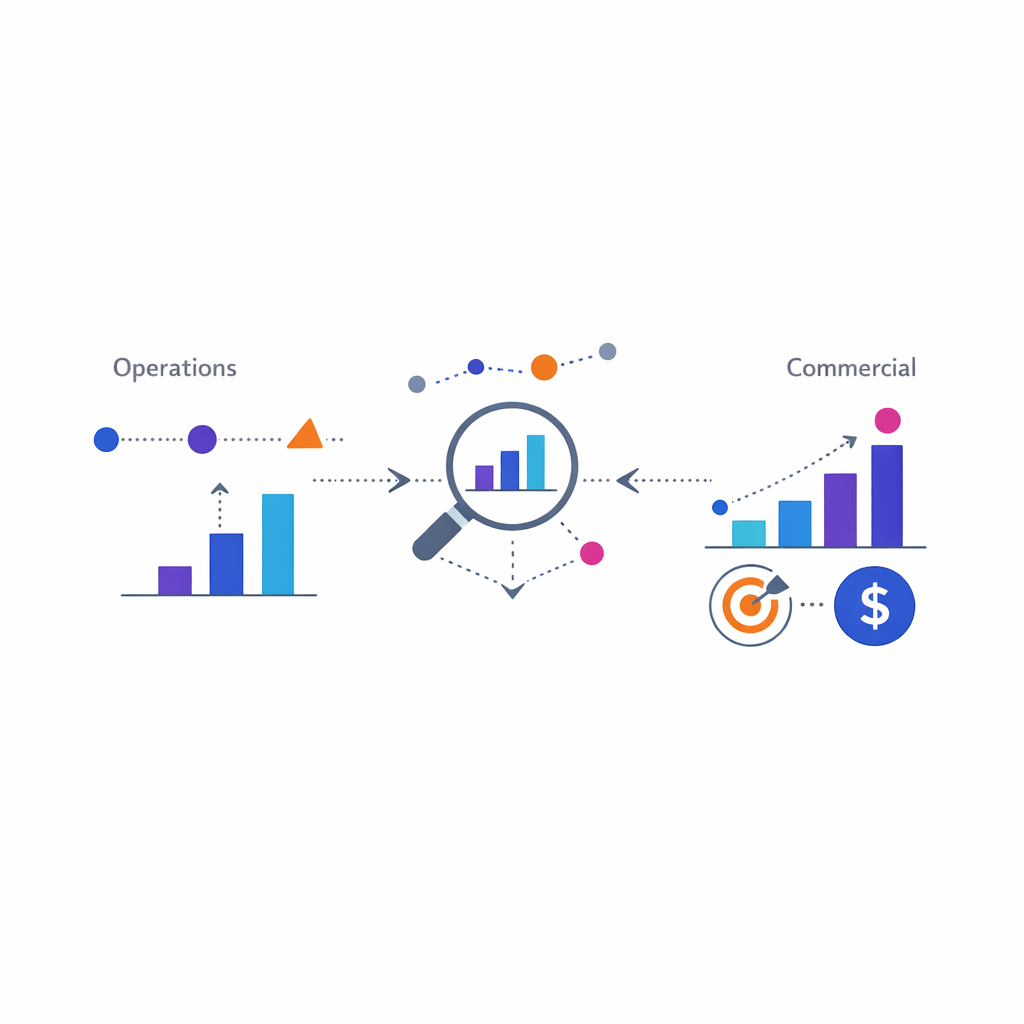 Operational milestones and commercial performance metrics connect through a careful measurement model diagram.