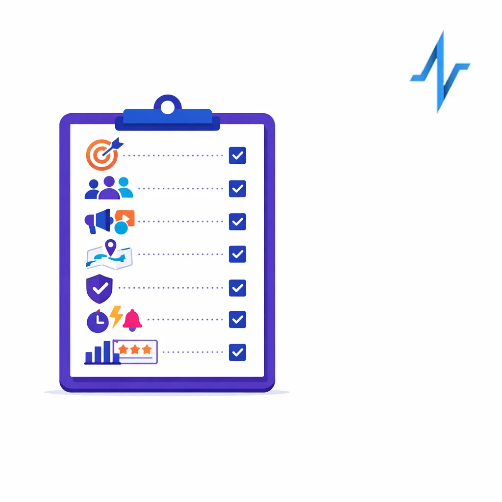 A concise checklist board summarizes objective, audience, channels, journey, policy, triggers, and scorecard.