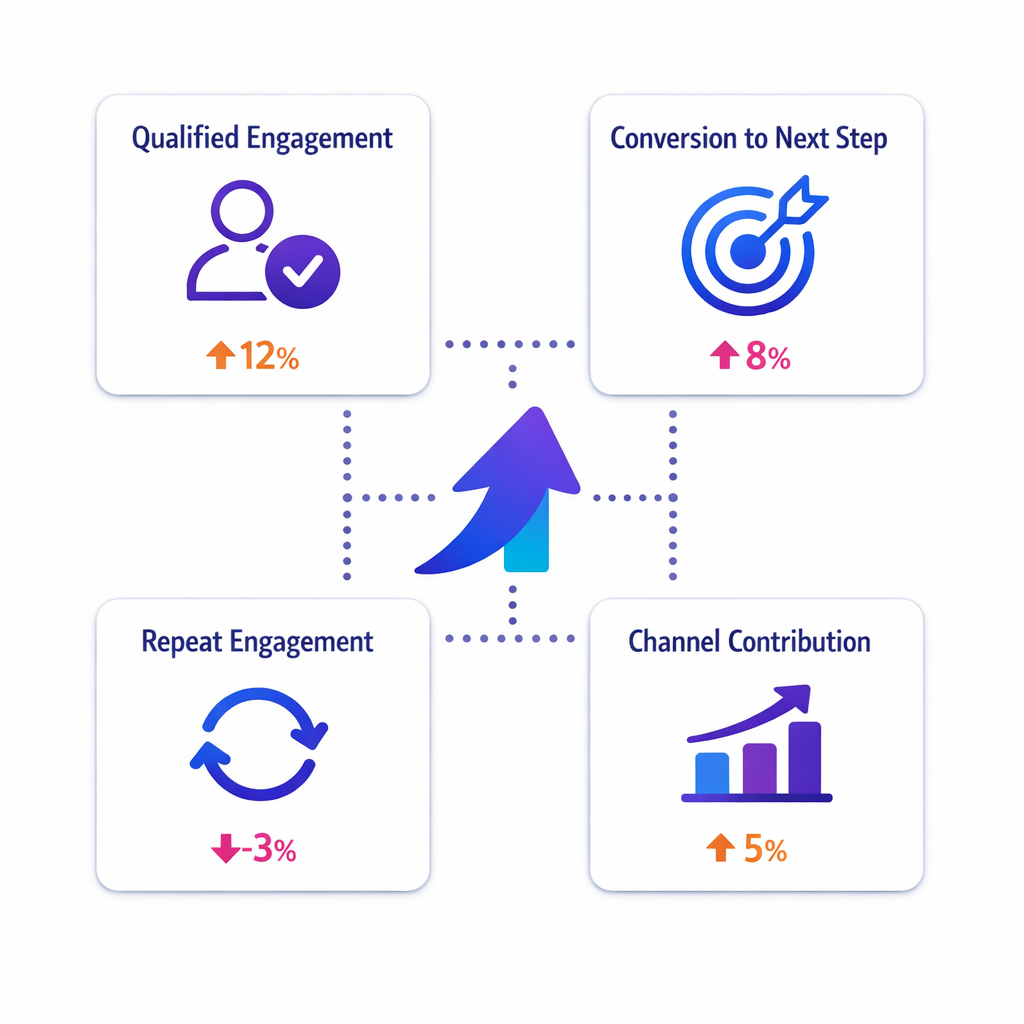A compact metric board highlights qualified engagement, next-step conversion, repeat engagement, and channel contribution.