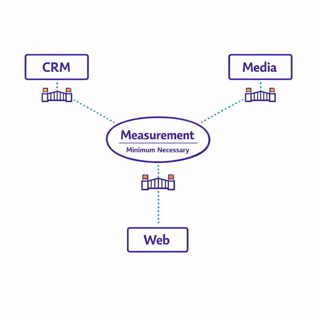 A hub-and-spoke diagram shows minimal necessary data shared to vendors with aggregation and access boundaries.