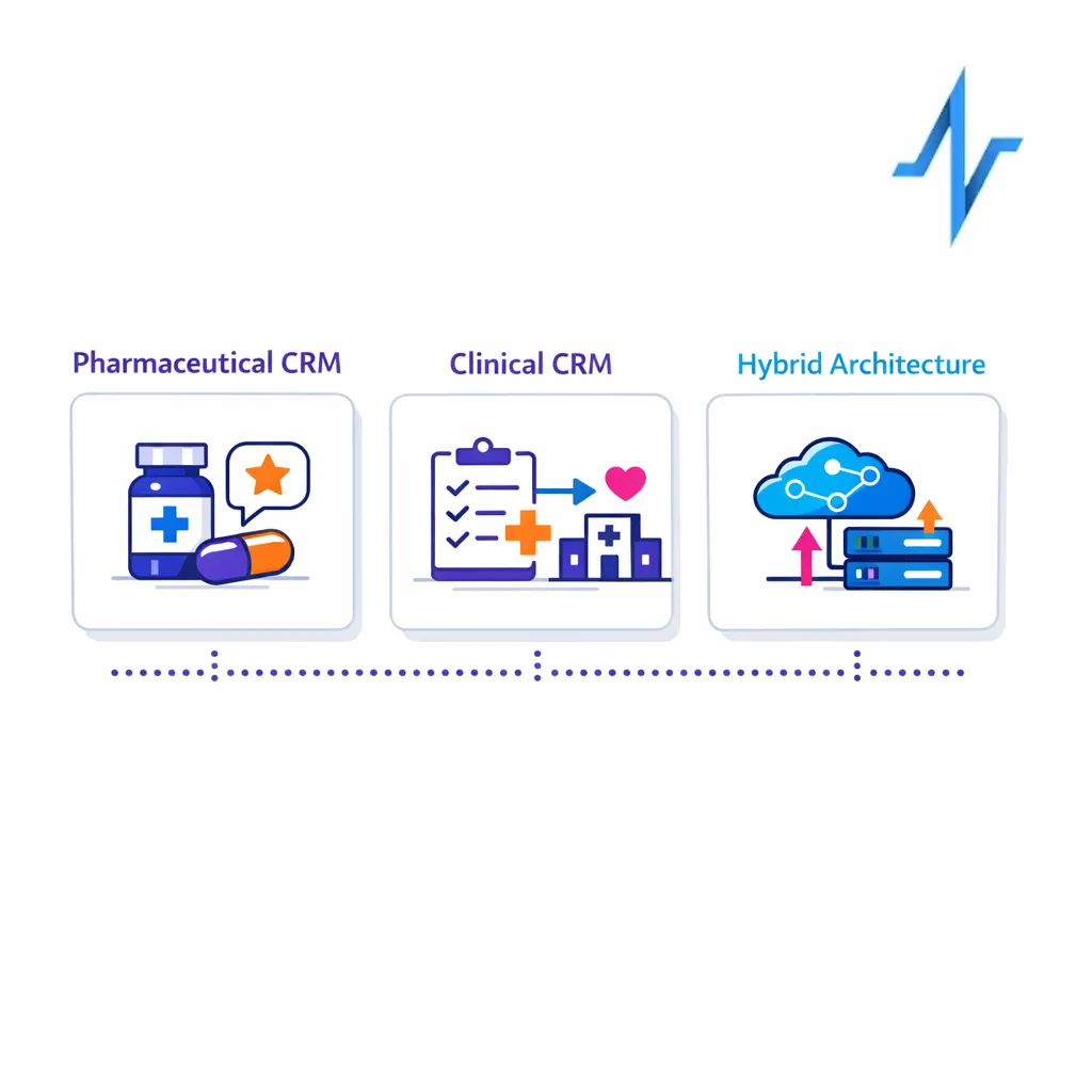 A three-part framework summarizes when to choose pharmaceutical CRM, clinical CRM, or a hybrid architecture.