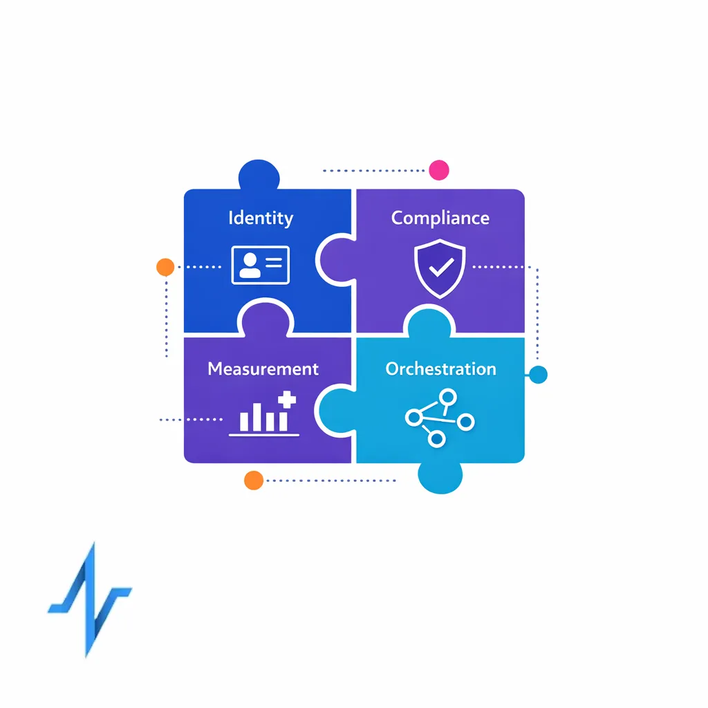 Identity, compliance, orchestration, and measurement lock together like clean modular blocks.