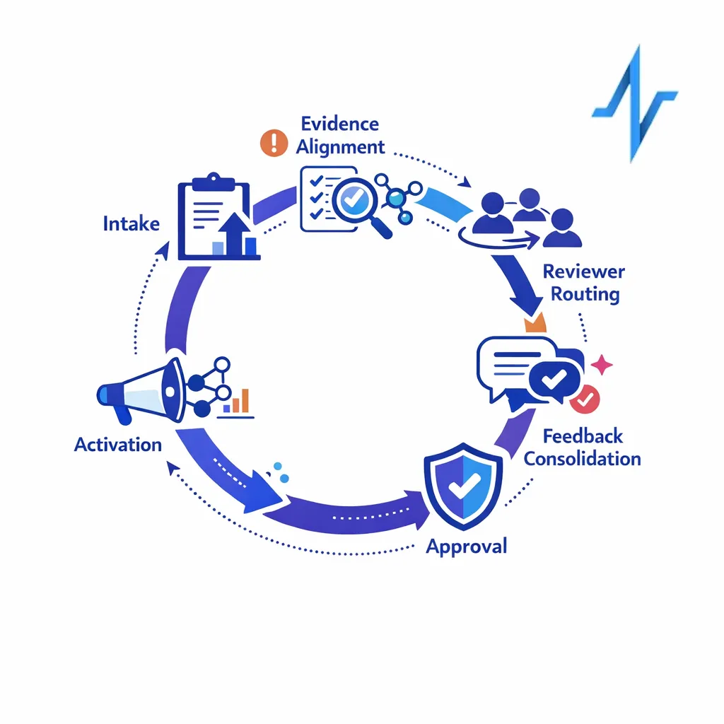 An optimized review system connects intake, evidence, routing, approval, and activation in one clear flow.