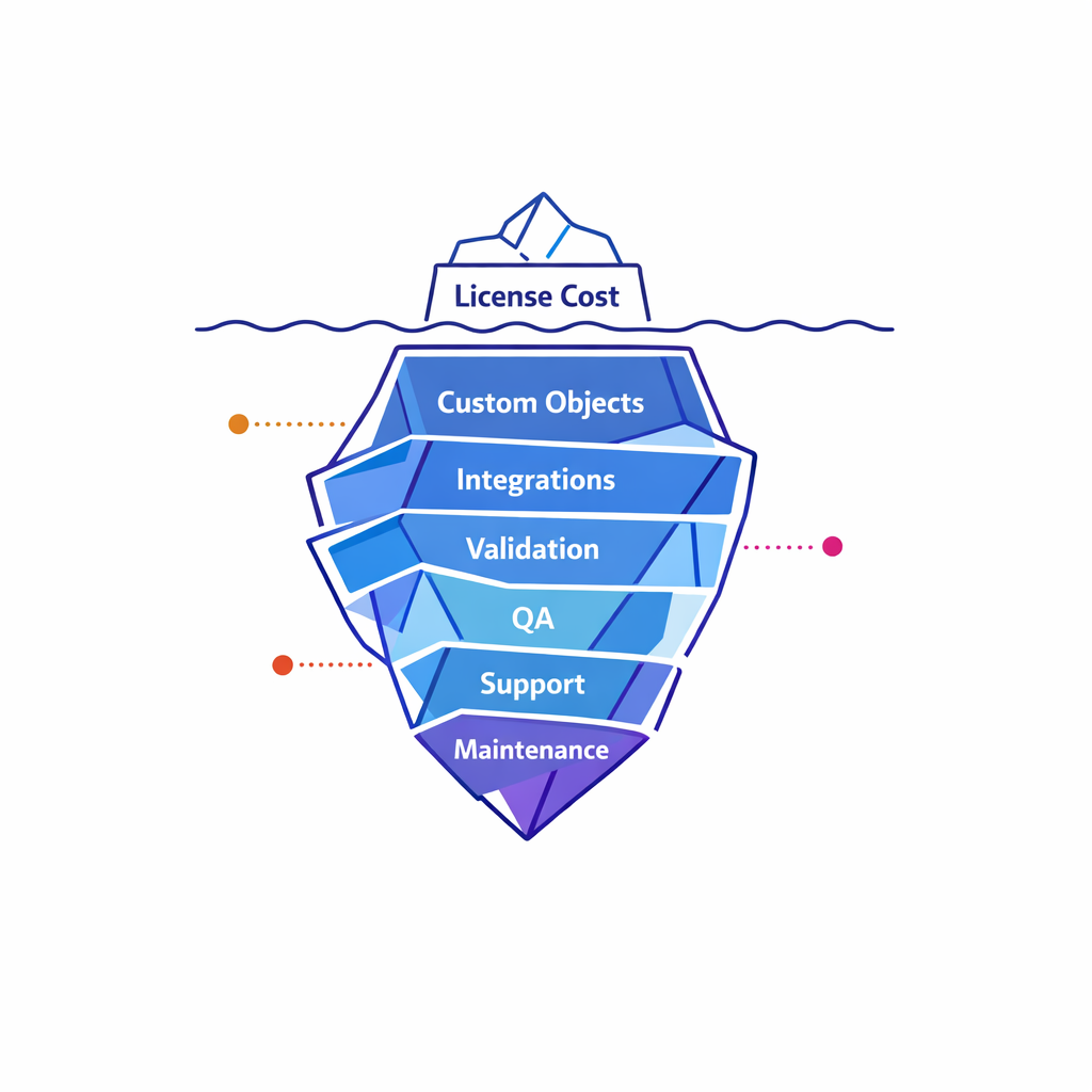 An iceberg graphic reveals hidden CRM costs below the surface of lower license fees.