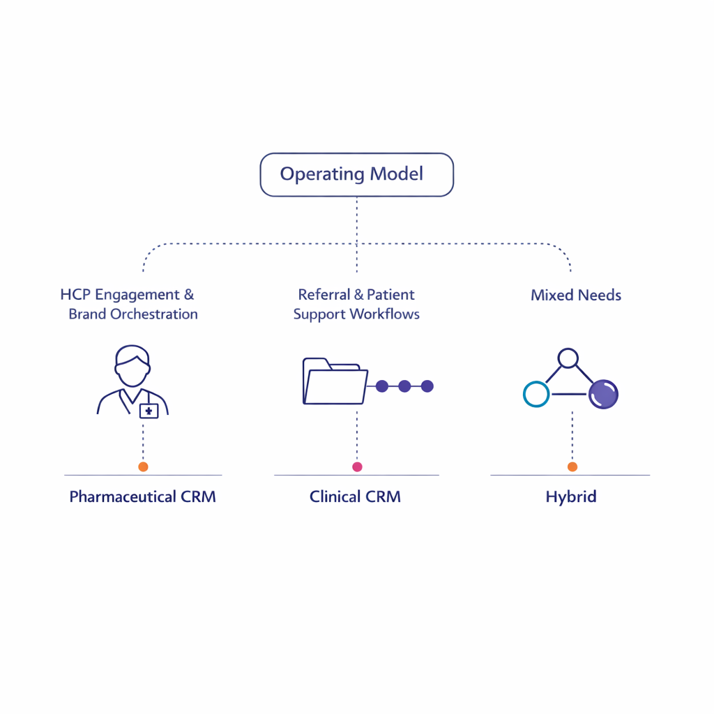 A decision tree shows when commercial teams should choose pharmaceutical CRM, clinical CRM, or a hybrid approach.