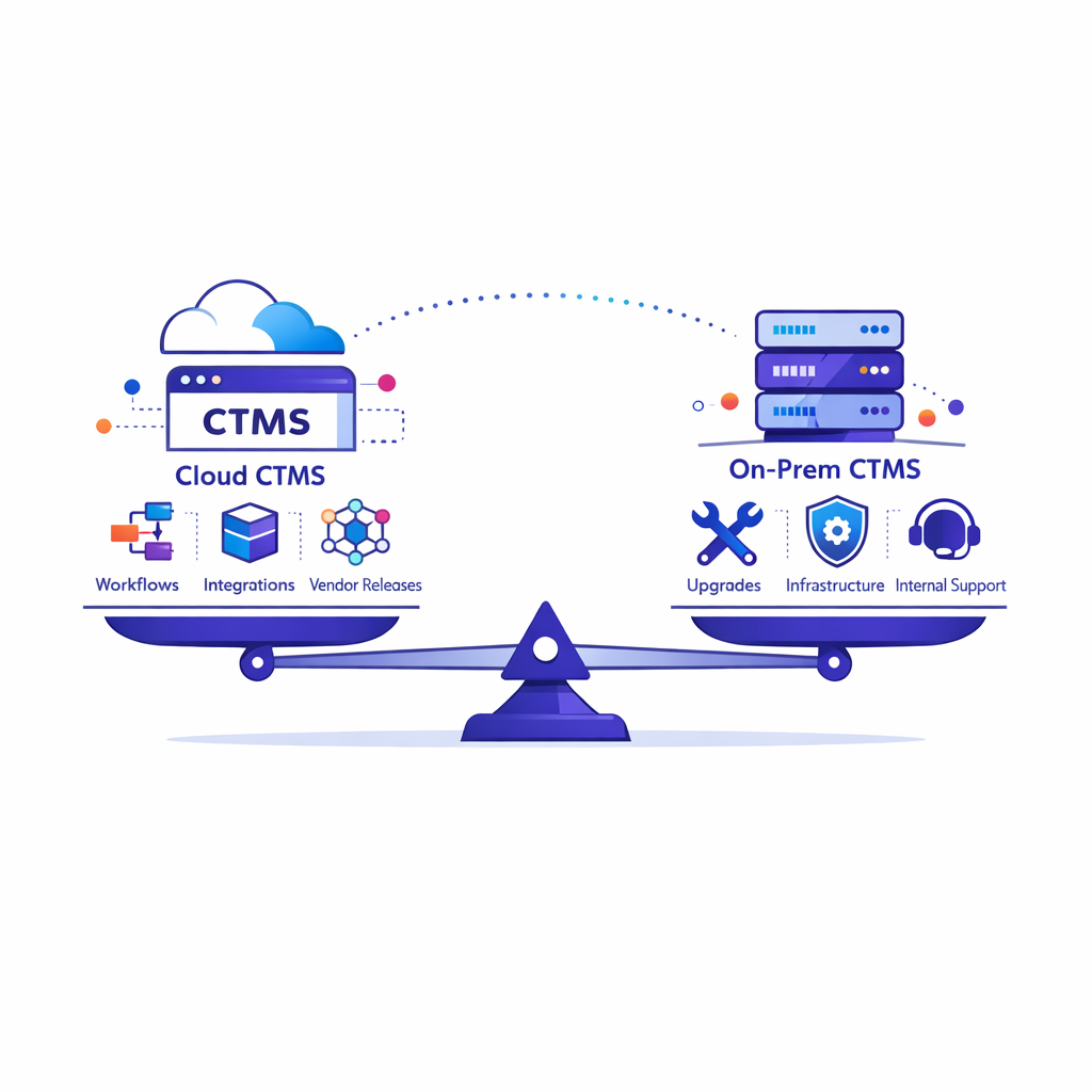 A balanced comparison shows cloud CTMS and on-premises CTMS with different operational burdens and control points.