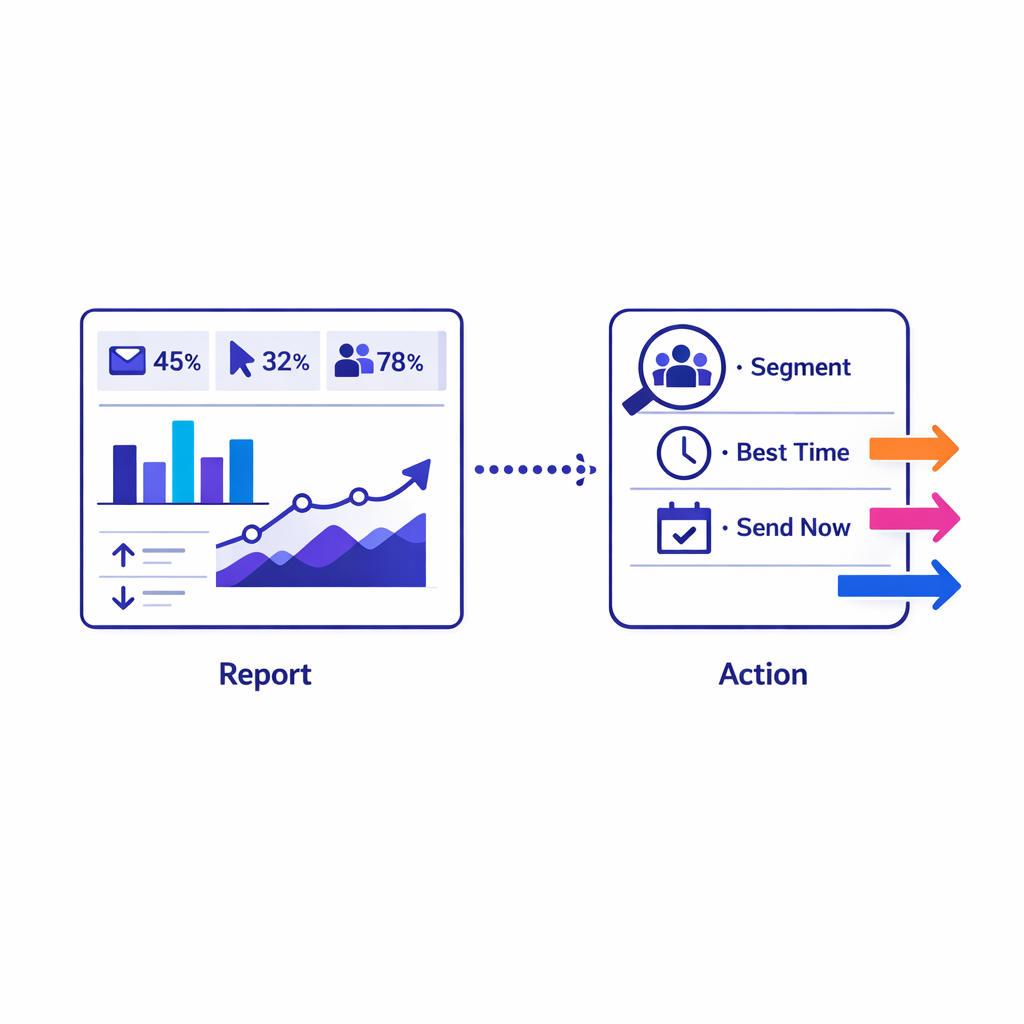 Two contrasting panels show raw metrics on one side and a clear next-best recommendation on the other.