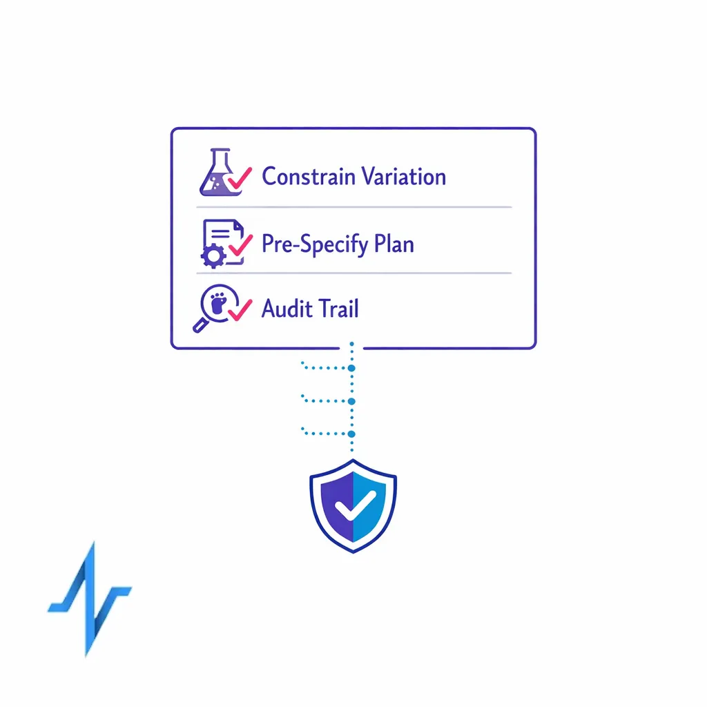 A checklist card highlights pre-specified plan, constrained variation, and audit trail as three compliant guardrails.