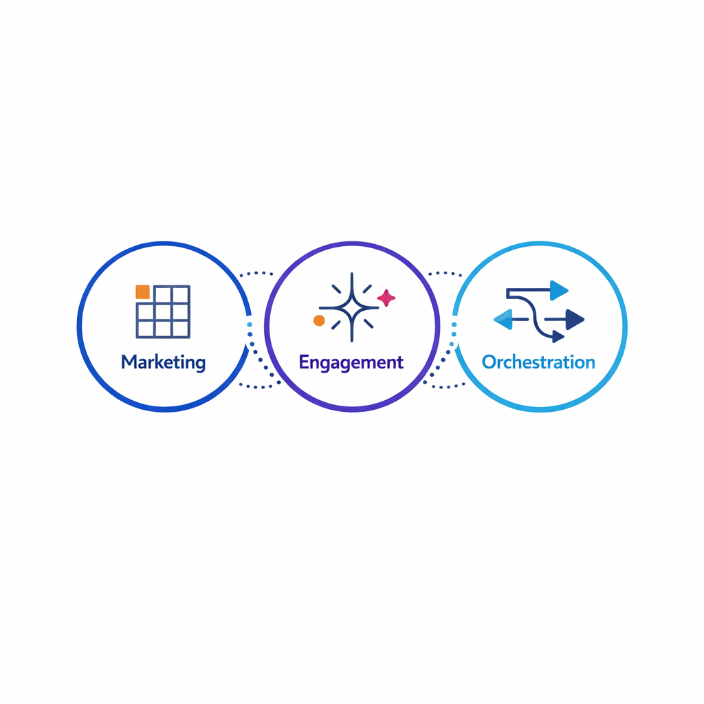 Three linked circles show marketing, engagement, and orchestration as distinct but connected parts of HCP strategy.