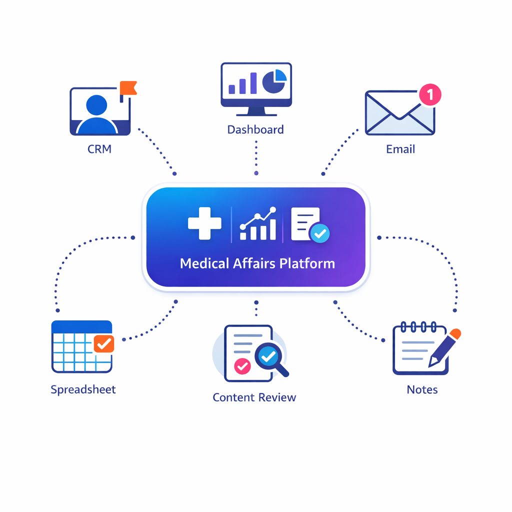 A central medical affairs platform connects scattered tools like CRM, BI, email, and spreadsheets into one workflow.