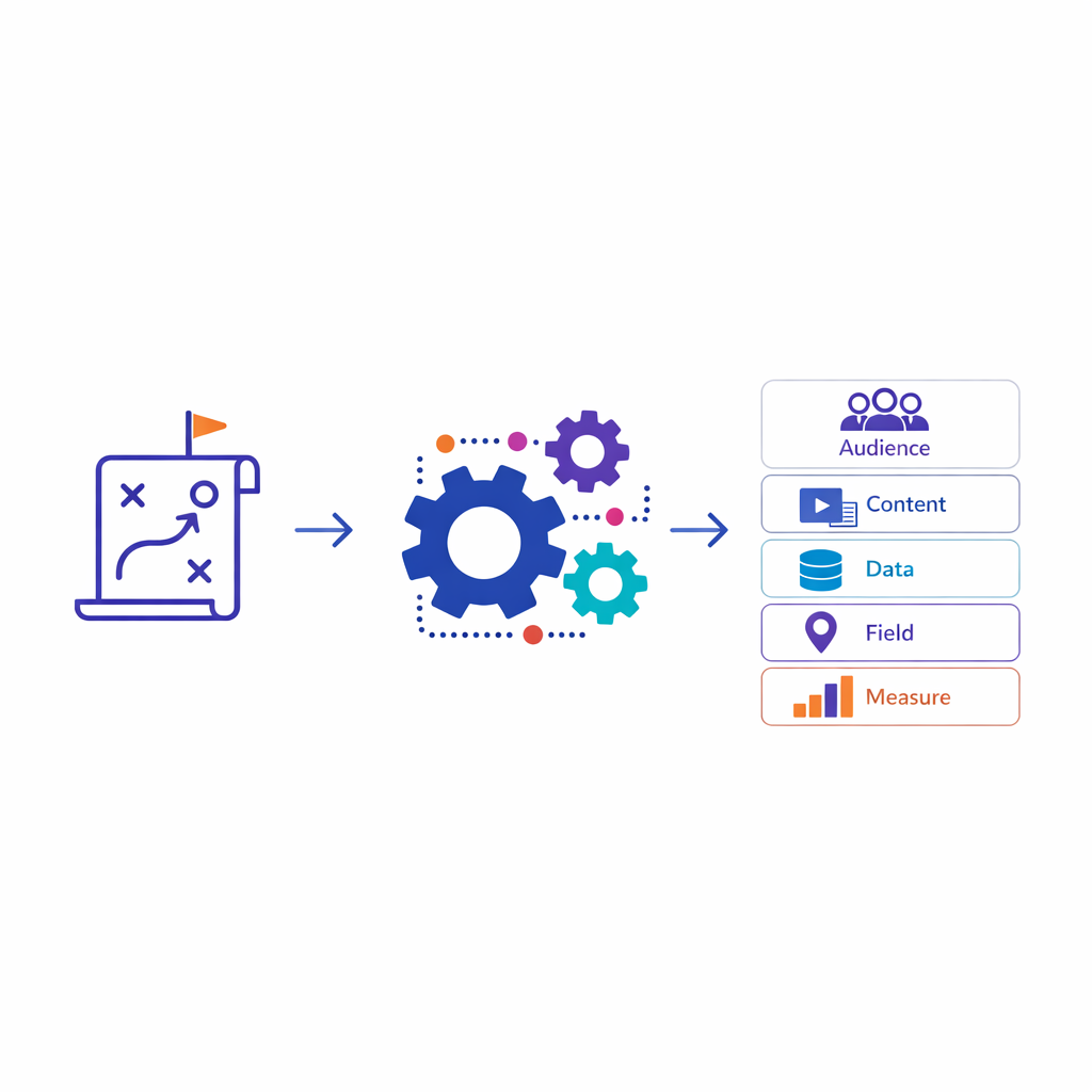 An abstract framework shows strategy turning into coordinated launch execution across teams, systems, and channels.