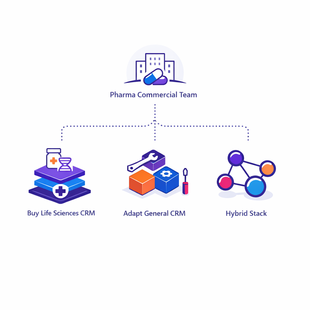 Three branching paths illustrate buy life sciences CRM, adapt general CRM, or use a hybrid stack.