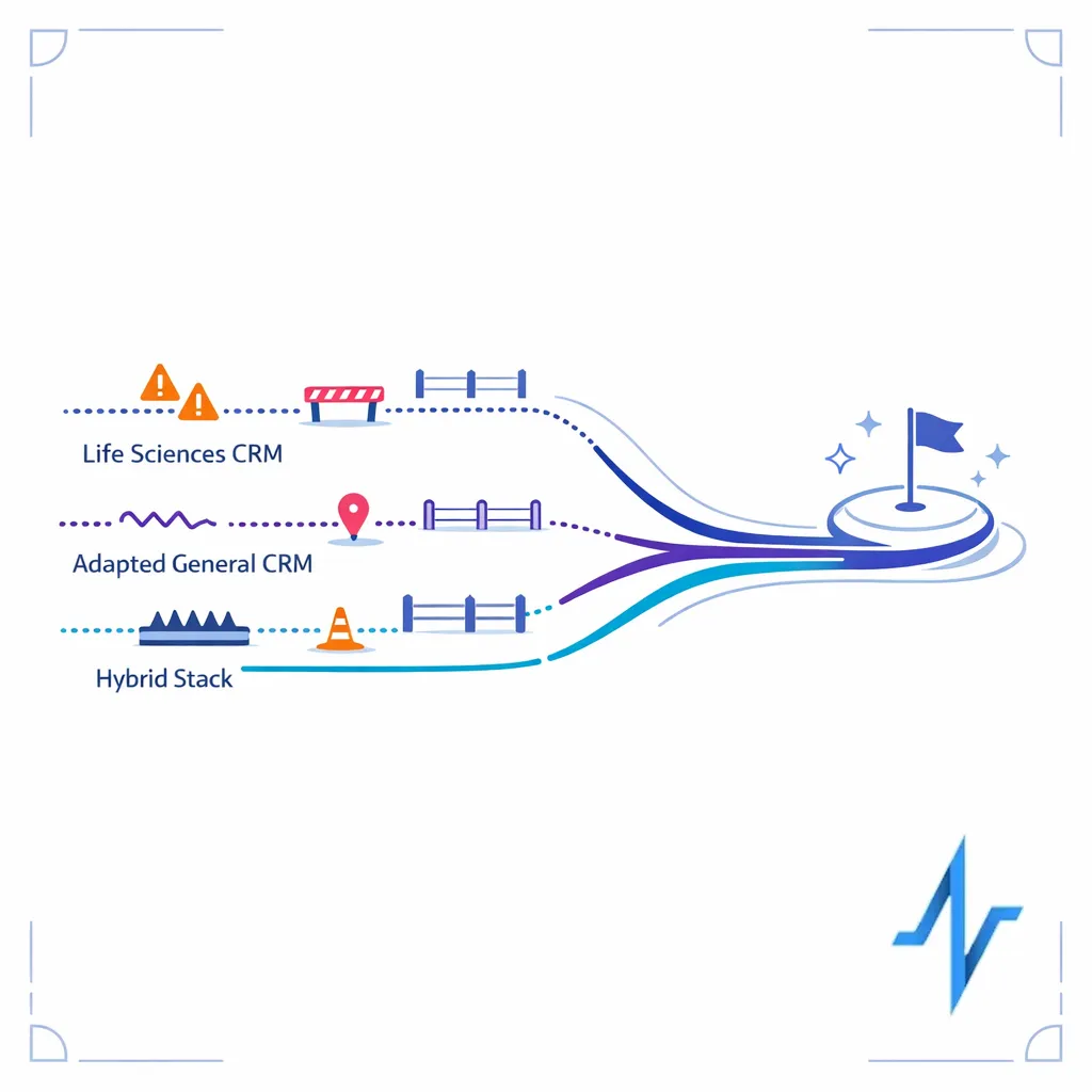 A final decision scene shows the best-fit CRM model as the path with least operational friction.