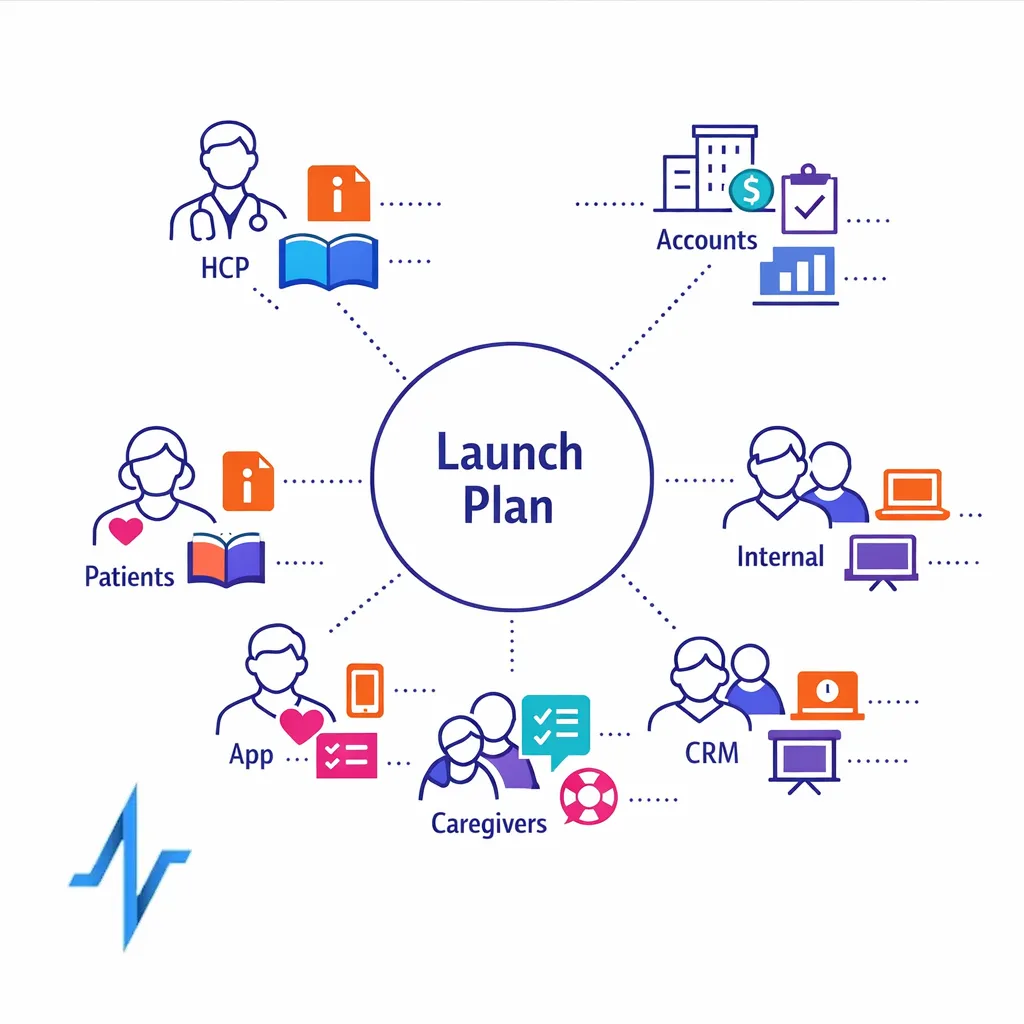 Segmented audience groups connect to tailored channels and next steps in a clean launch planning diagram.