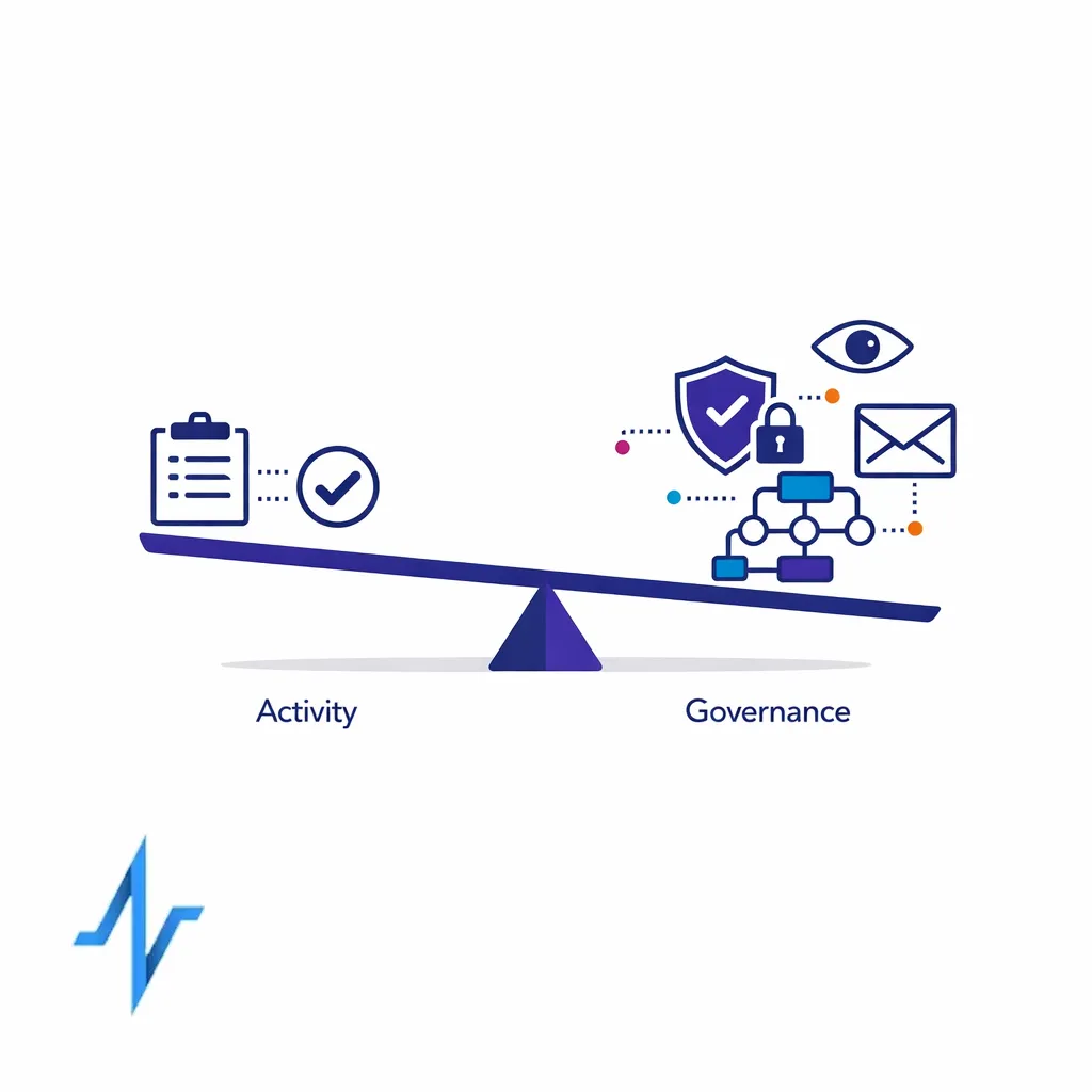 A balance graphic contrasts old activity tracking with new priorities like auditability, governance, and operational fit.