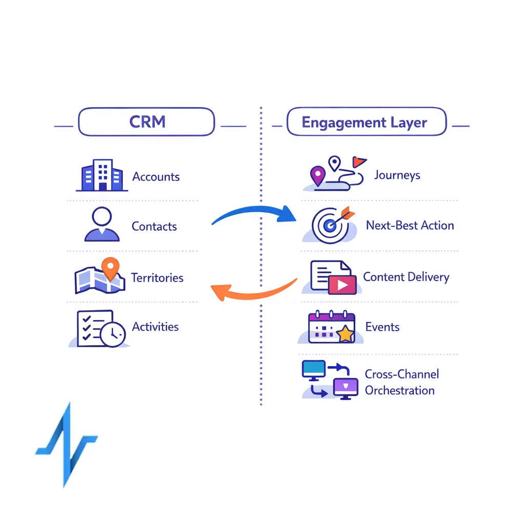 A two-lane diagram separates CRM stewardship from engagement orchestration with clear responsibilities.