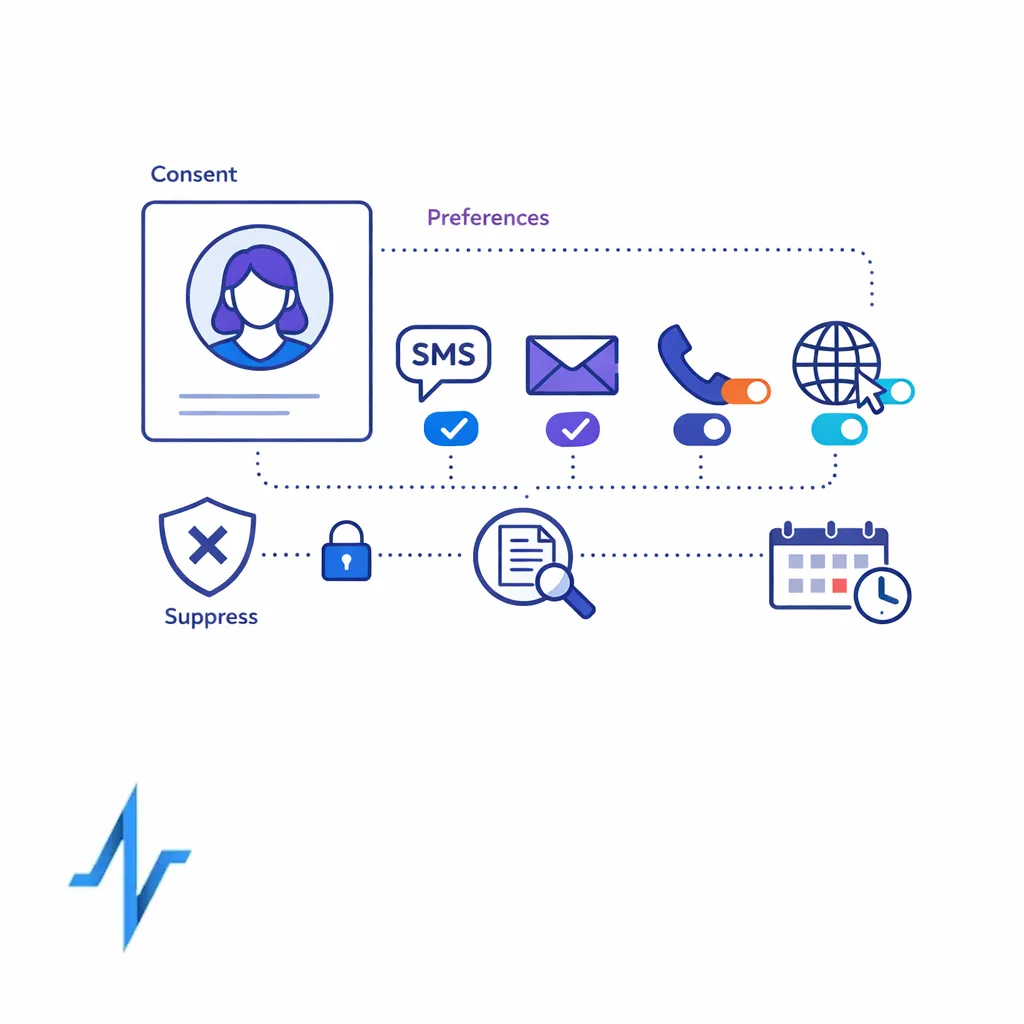 A centered permissions diagram shows opt-in capture, channel choices, and suppression logic in a clear structured layout.