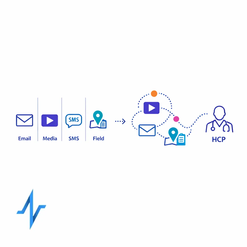 Disconnected channel columns transform into one shared HCP journey with a smooth dotted path across teams.
