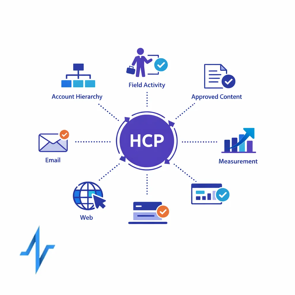 A central HCP engagement hub connects field, email, web, and account data in a pharmaceutical CRM concept.