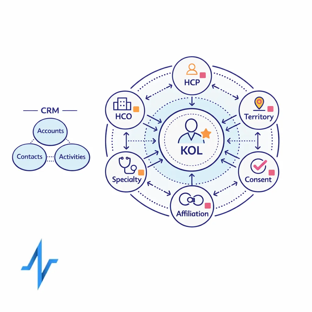 A layered entity map shows HCP, HCO, KOL, territory, and affiliations connected in one CRM model.