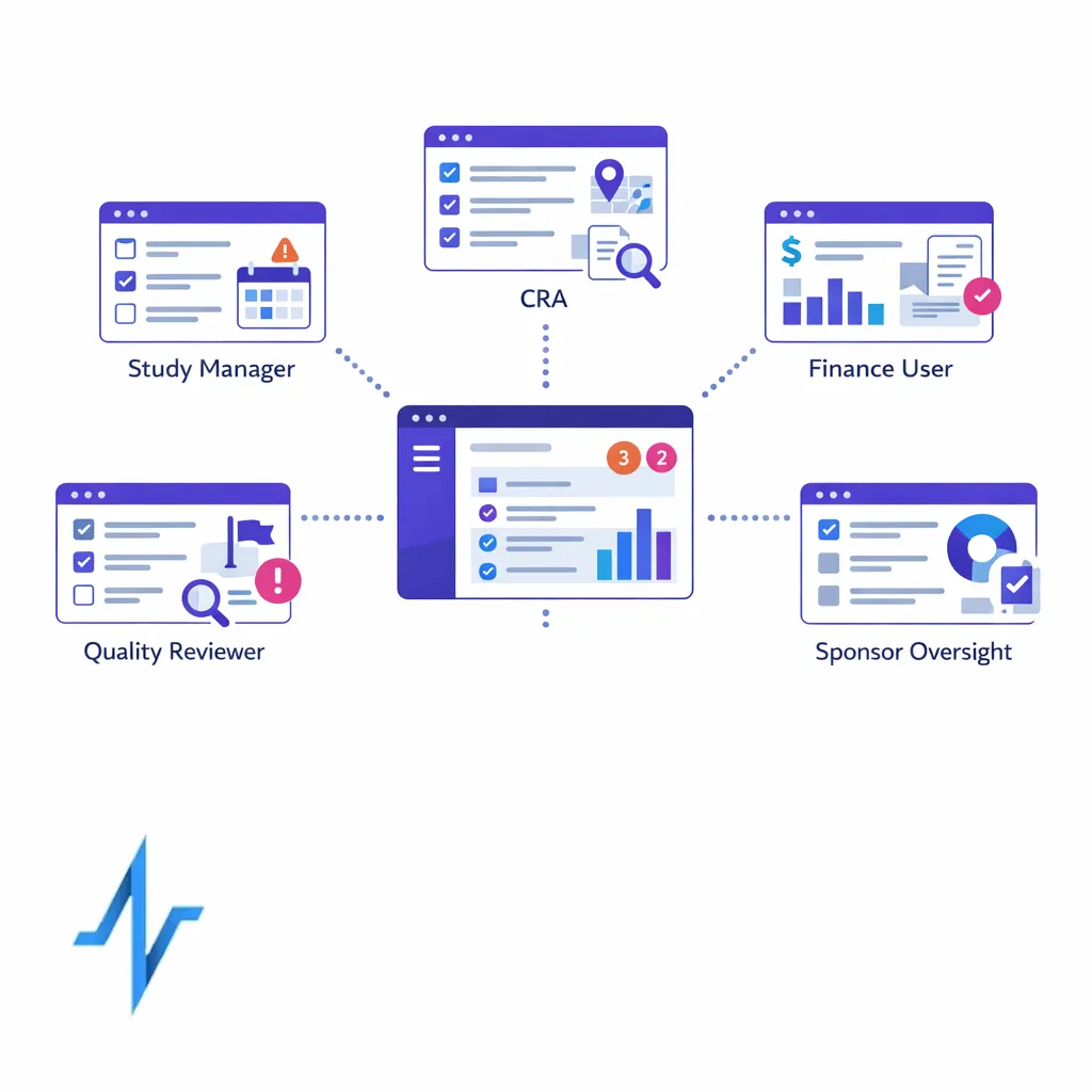 Different user roles view tailored dashboards and task queues from one streamlined CTMS platform.