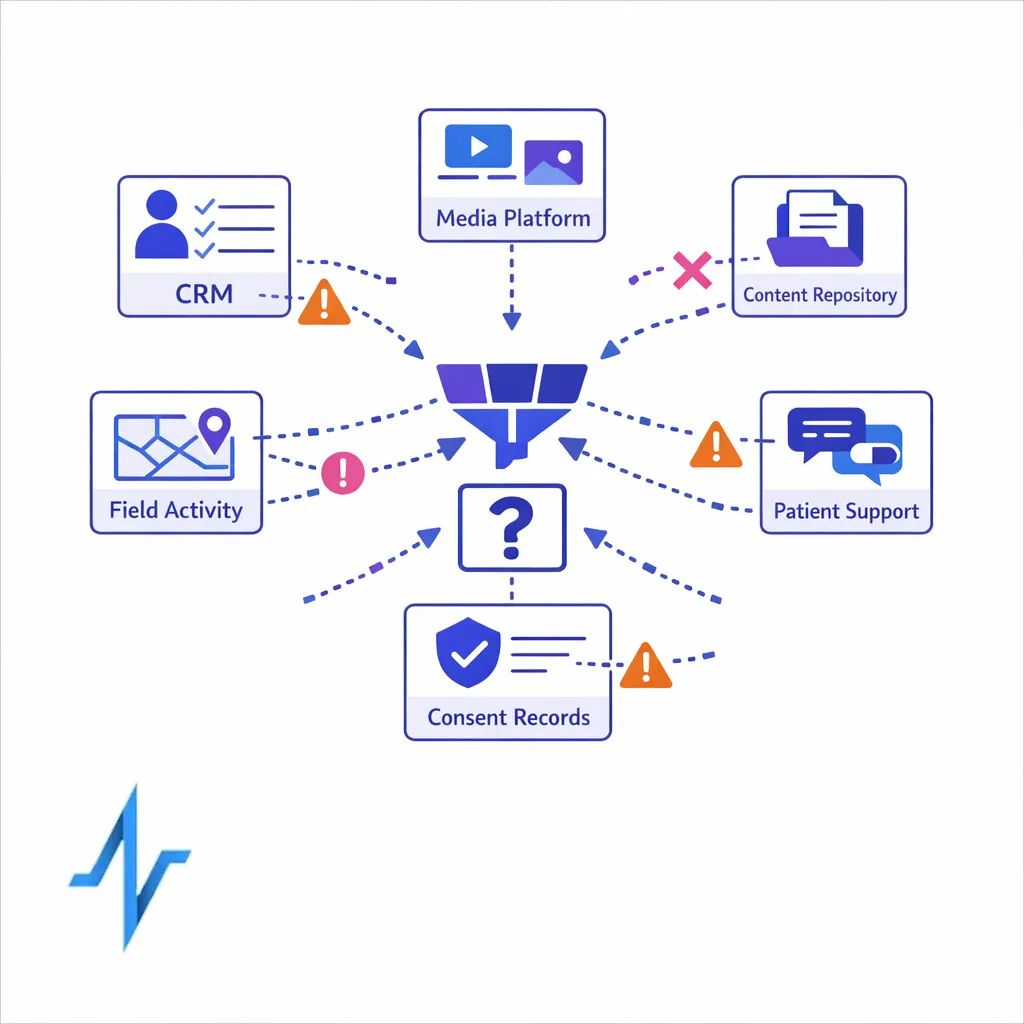 Disconnected CRM, media, content, and field systems sit apart while a decision point waits in the center.