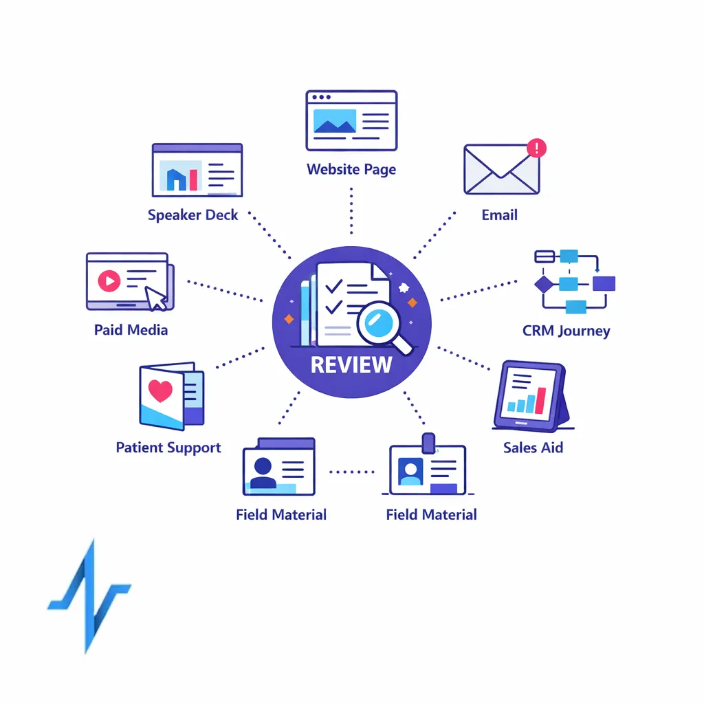 A central review hub is fed by different asset types like email, web, deck, and field materials.