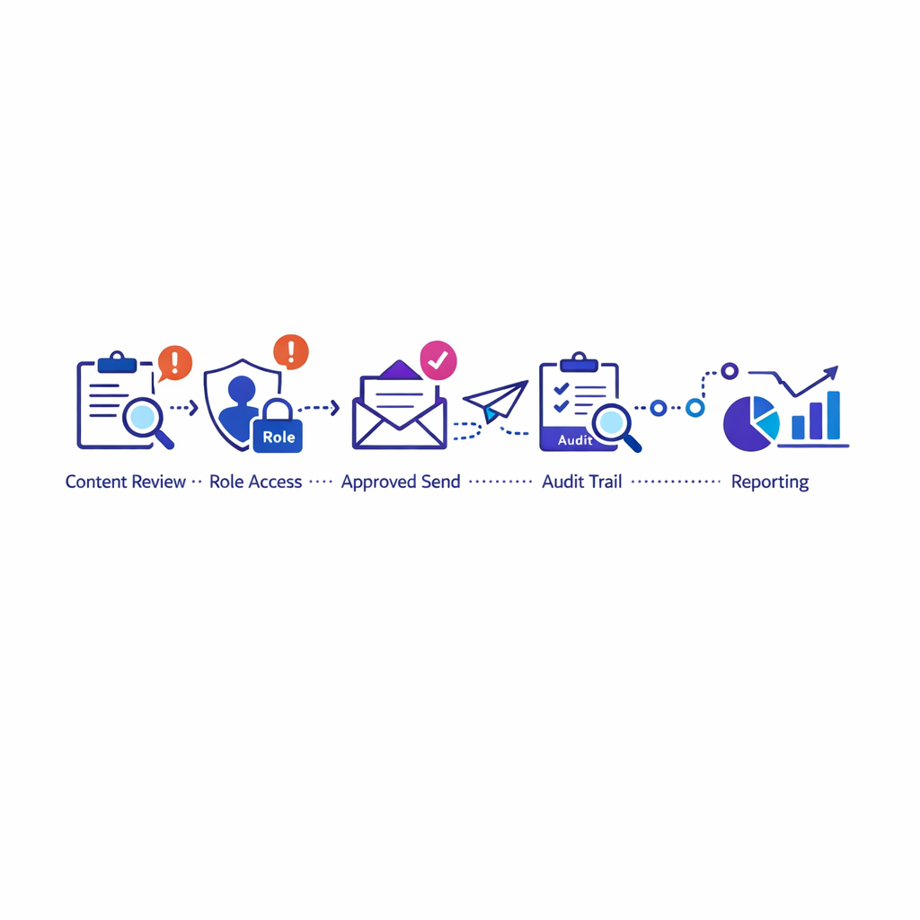 A workflow diagram shows approvals, audit trails, and role checks embedded inside pharma CRM activity.