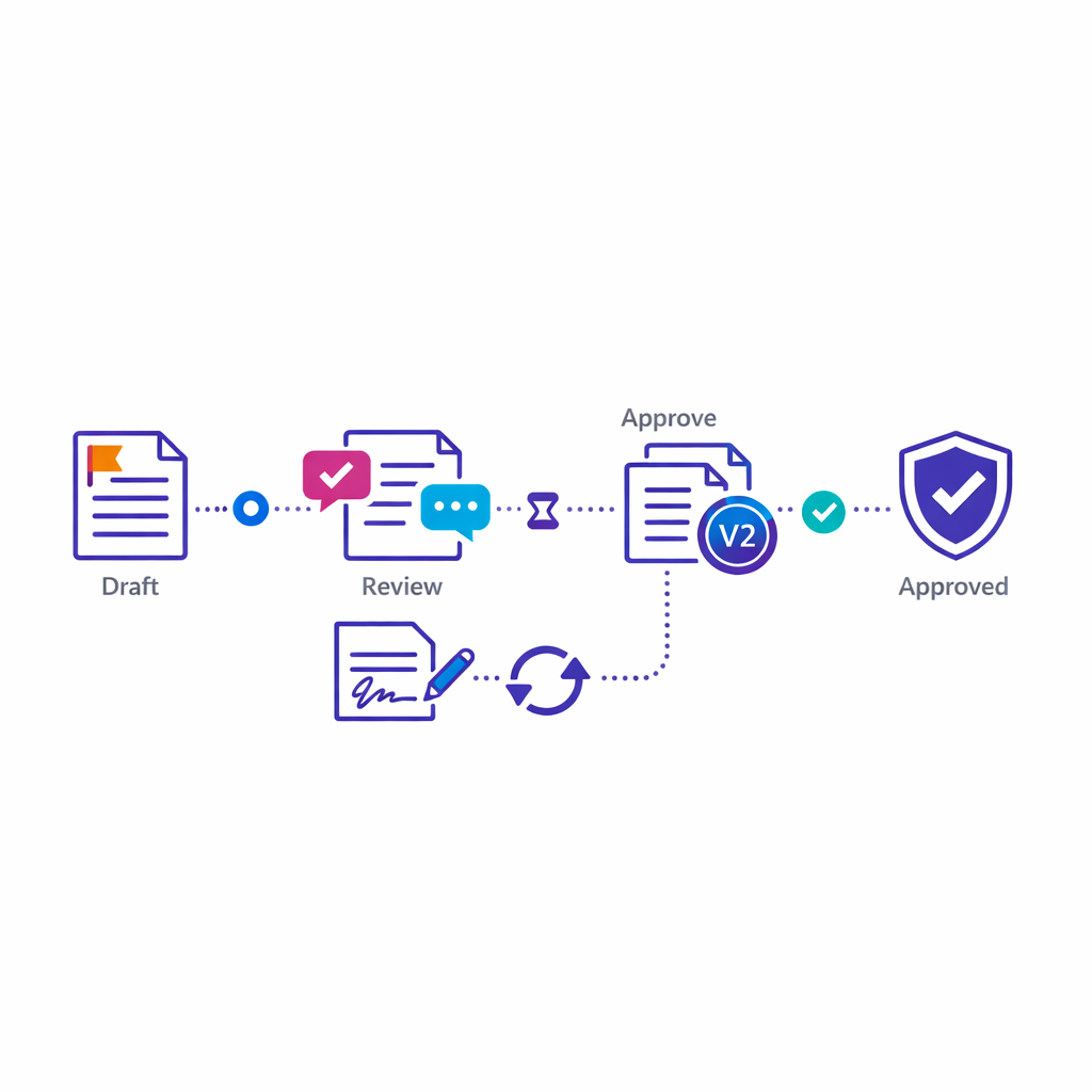 A traceable review workflow links draft, comments, approvals, and approved use in a clear regulated sequence.