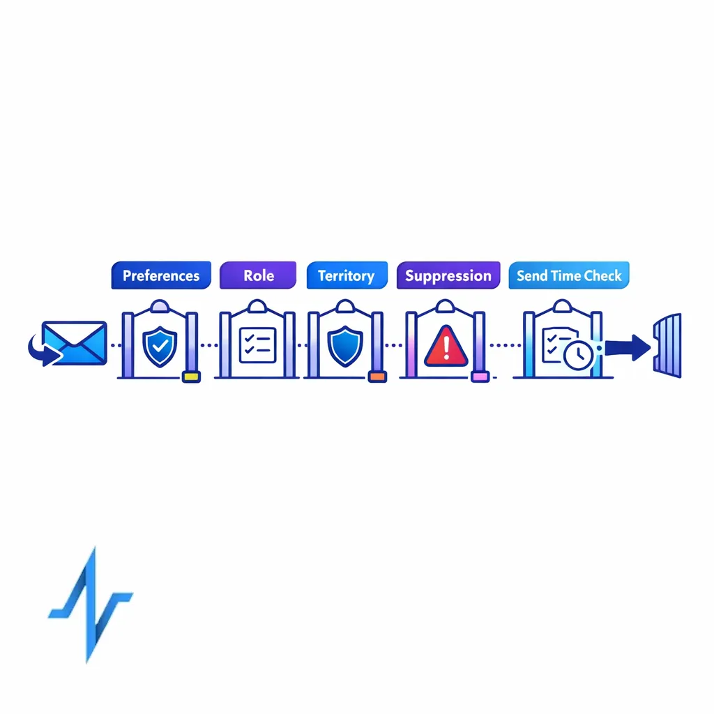 A gated workflow shows consent, preferences, role rules, and suppression checks happening right before send.