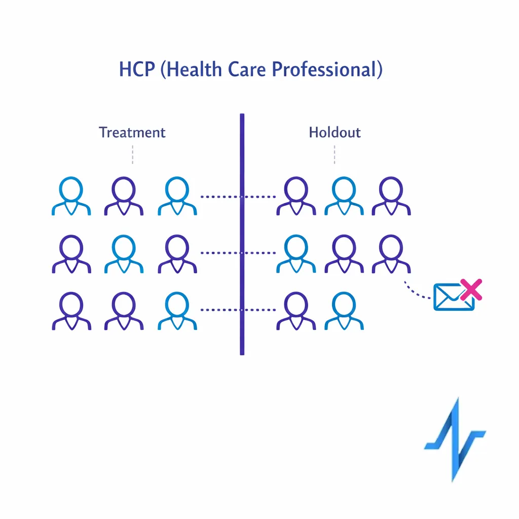 A population of HCP icons is split into a treatment group and a suppressed holdout group with clear separation.
