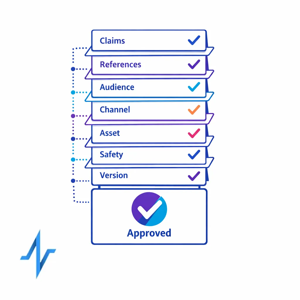 A review-ready submission pack shows claims, references, audience, channel, and version details in one organized stack.